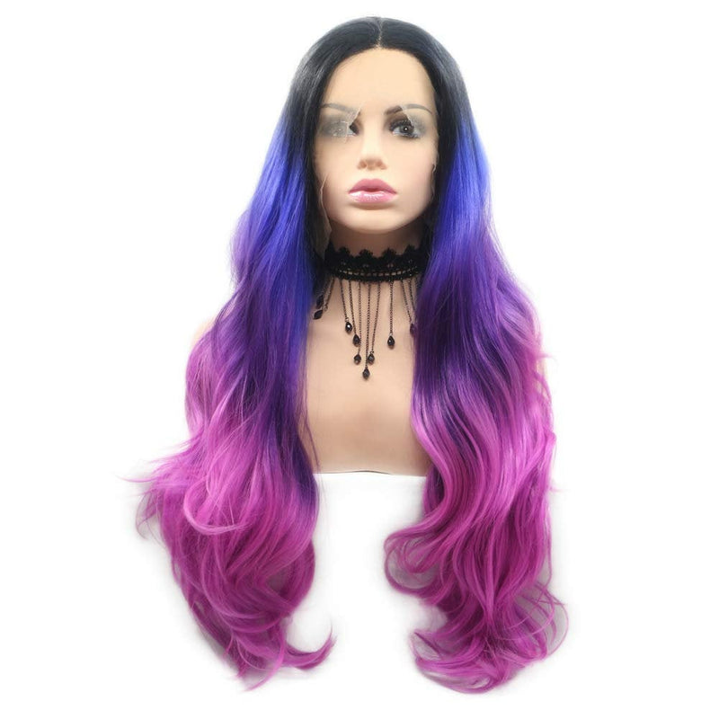 Colorful Tri Color | Black Blue Pink Mermaid | Lace Front Middle Part Synthetic Wig | Big Wave 24" | Human Hair Feel | Fashion Flawless Wig