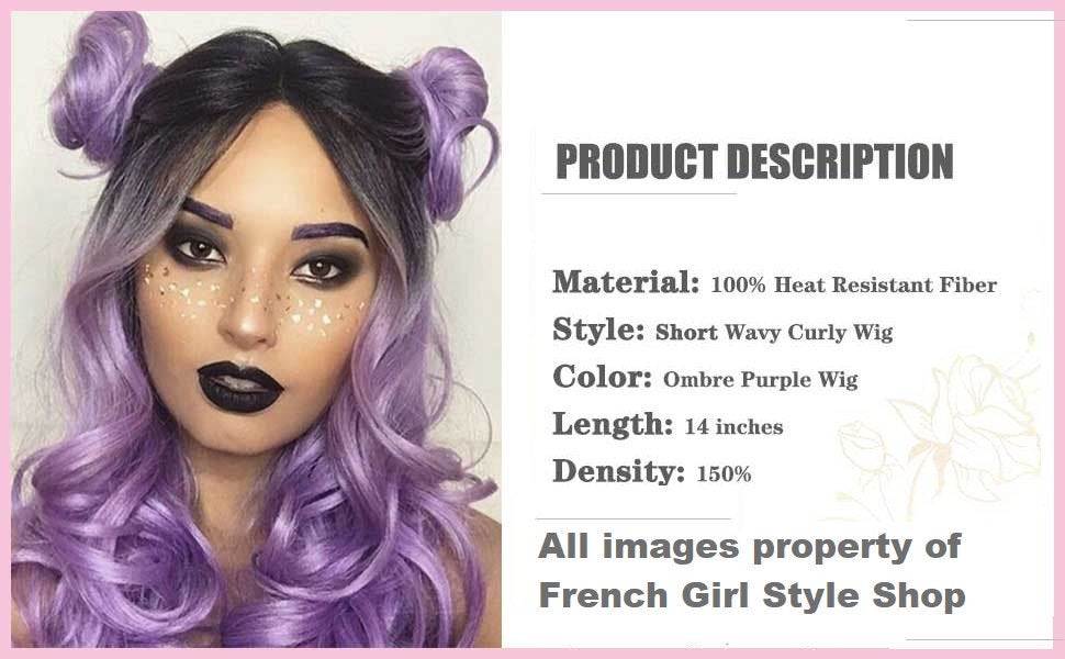 French girl style | black purple amethyst | human hair feel | ombre black to pastel purple natural wavy wig | swiss lace adjustable cap