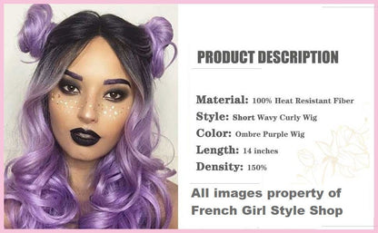 French girl style | black purple amethyst | human hair feel | ombre black to pastel purple natural wavy wig | swiss lace adjustable cap
