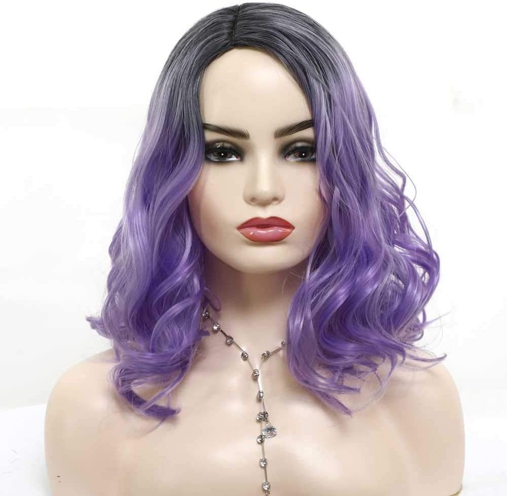 French girl style | black purple amethyst | human hair feel | ombre black to pastel purple natural wavy wig | swiss lace adjustable cap