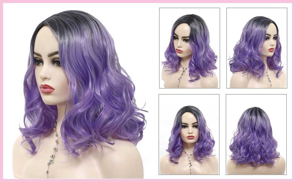 French girl style | black purple amethyst | human hair feel | ombre black to pastel purple natural wavy wig | swiss lace adjustable cap