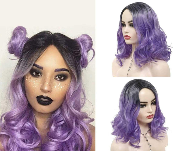 French girl style | black purple amethyst | human hair feel | ombre black to pastel purple natural wavy wig | swiss lace adjustable cap