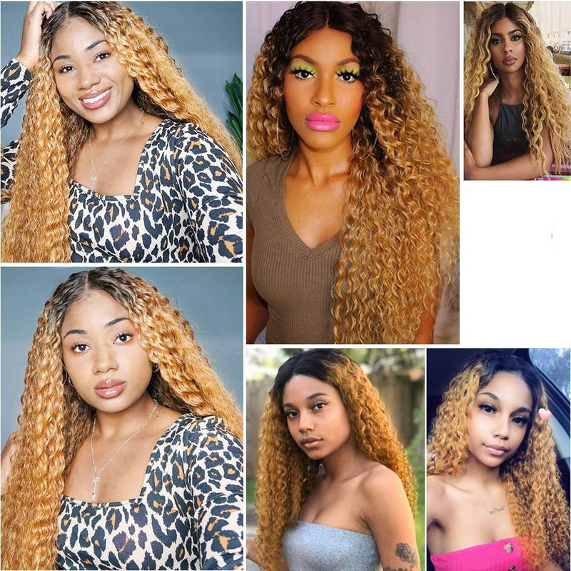 Long Curly Ombre Blonde 28 Inch Middle Part Synthetic Heat Resistant Hair Human Hair Look and Feel