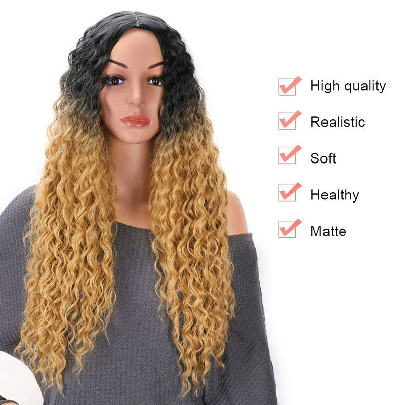 Long Curly Ombre Blonde 28 Inch Middle Part Synthetic Heat Resistant Hair Human Hair Look and Feel