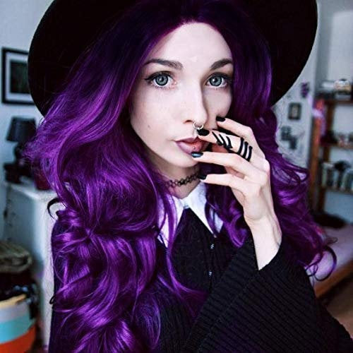 Black to Violet Purple Ombre Middle Parting Long Natural Curly Human Hair Look and Feel Heat Friendly Non Shedding Top Quality Synthetic Wig