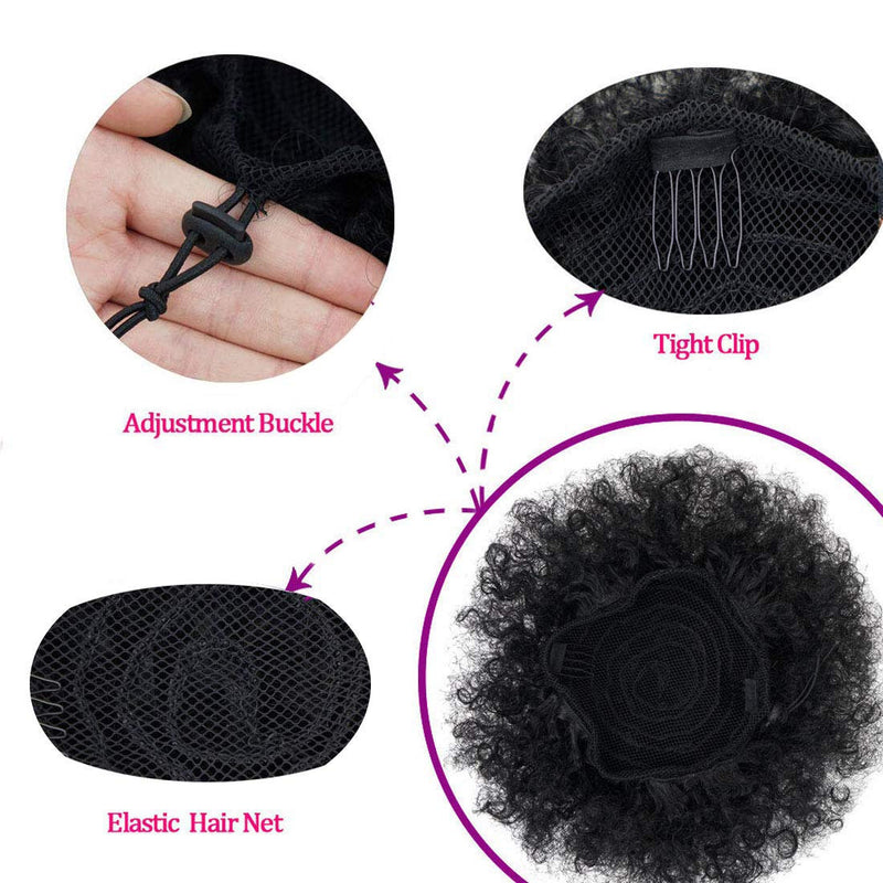 Thick faux human hair | synthetic drawstring ponytail puff | short afro kinky updo wrap hair bun | drawstrings | 2 combs | medium | #t1b/bug