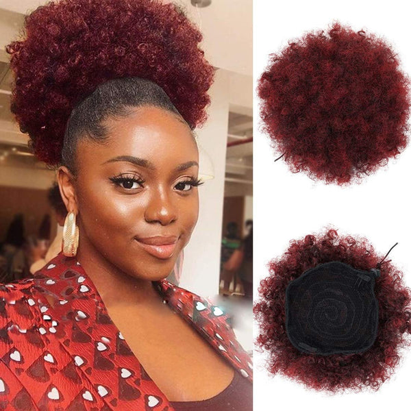 Thick faux human hair | synthetic drawstring ponytail puff | short afro kinky updo wrap hair bun | drawstrings | 2 combs | medium | #t1b/bug