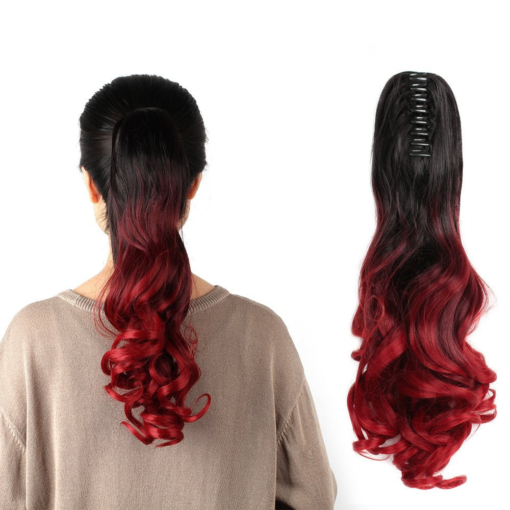 Three color synthetic curly ponytail human hair feel synthetic kinky curly hairpiece 22" claw clip
