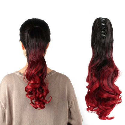 Three color synthetic curly ponytail human hair feel synthetic kinky curly hairpiece 22" claw clip