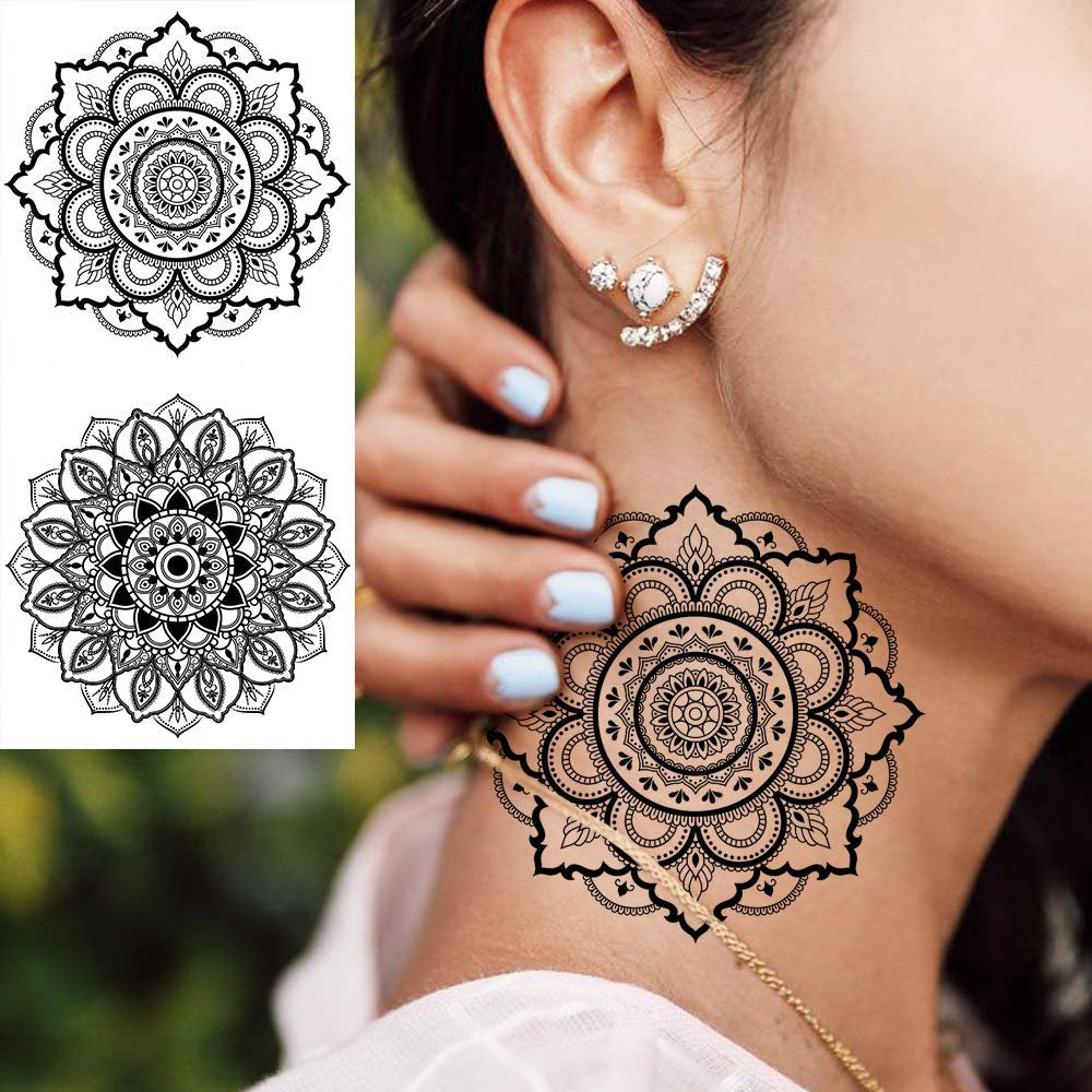 Yoga Mandala Temporary Tattoo - Realistic Fake Tattoos Body Art With No Pain - Yoga Gift - 12 Sheets with 24 Stunning Designs Size 7.4"x3.5"