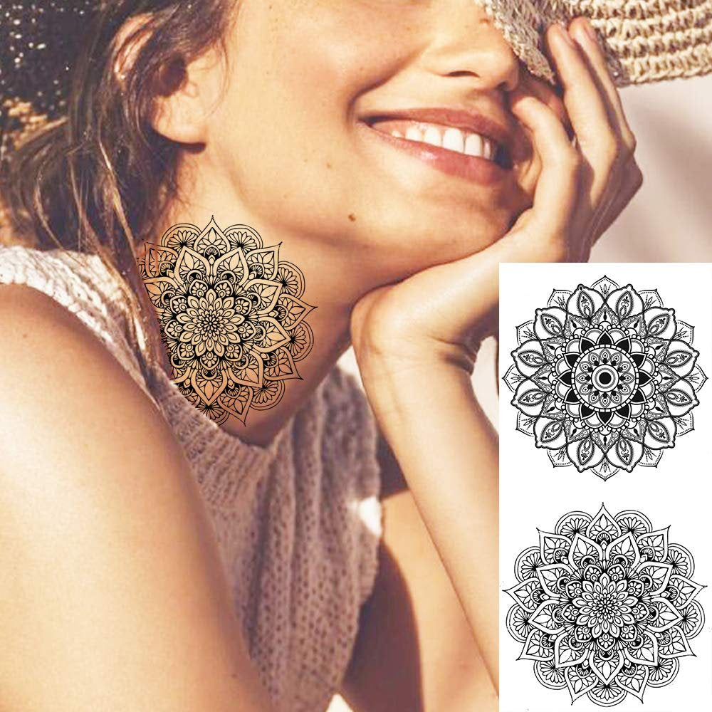 Yoga Mandala Temporary Tattoo - Realistic Fake Tattoos Body Art With No Pain - Yoga Gift - 12 Sheets with 24 Stunning Designs Size 7.4"x3.5"