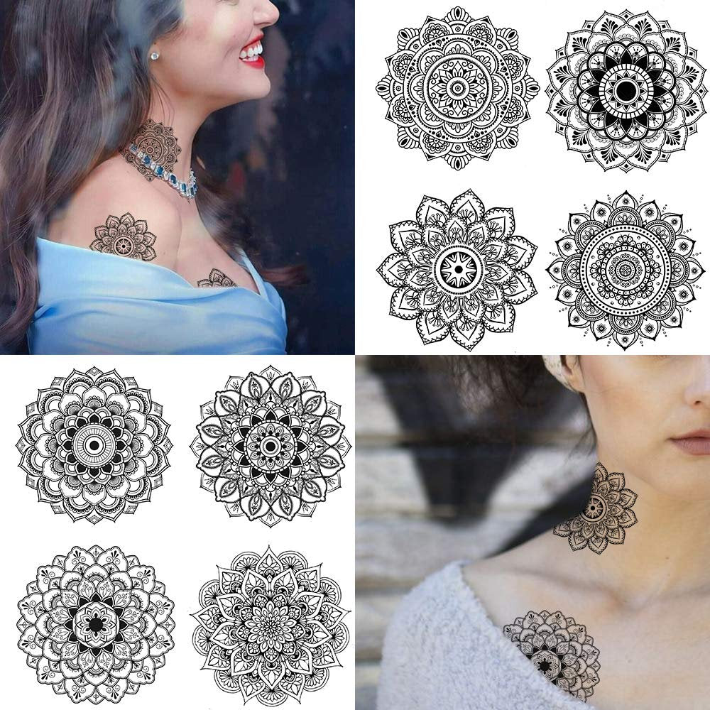 Yoga Mandala Temporary Tattoo - Realistic Fake Tattoos Body Art With No Pain - Yoga Gift - 12 Sheets with 24 Stunning Designs Size 7.4"x3.5"