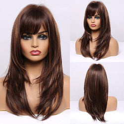 Highlight Brown Layered Synthetic Wig with Curtain Bangs Long Flowing Ombre Carmel Mixed Shoulder Length Heat Resistant FAUX Human Hair Wig