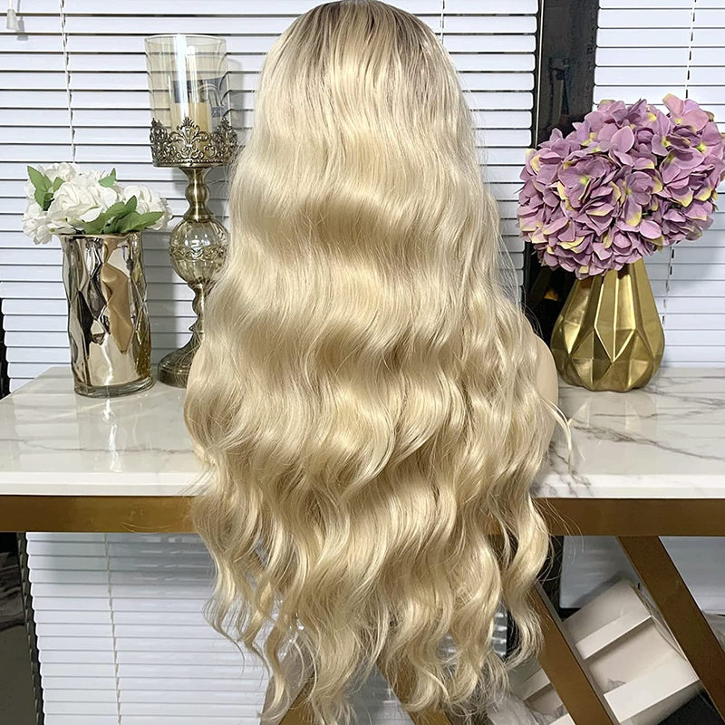 Gorgeous Ombre Blonde Synthetic Lace Front Heat Resistant Glueless Beach Wave Synthetic Wig Pre Plucked with Baby Hair 22inch Lace Front Wig