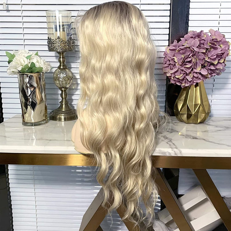Gorgeous Ombre Blonde Synthetic Lace Front Heat Resistant Glueless Beach Wave Synthetic Wig Pre Plucked with Baby Hair 22inch Lace Front Wig