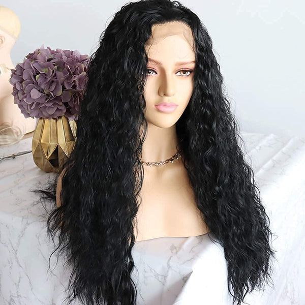 Gorgeous Natural Black Synthetic Lace Front Heat Resistant Glueless Water Wave Synthetic Wig Pre Plucked with Baby Hair 22" Lace Front Wig