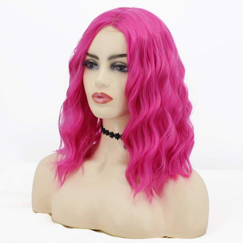 Hot Pink 14" Shoulder Length Middle Parting Full Synthetic Top with an Exquisite Lace Scalp Quality Heat Resistant Fiber Human Hair Feel Wig