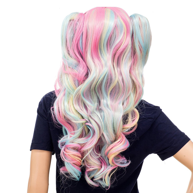 Pastel Rainbow Unicorn Princess | Mermaid Waves | Long Curly Wig with Double Claw Clip on Detachable Ponytails | Tri-Color Pink/Blue/Blonde