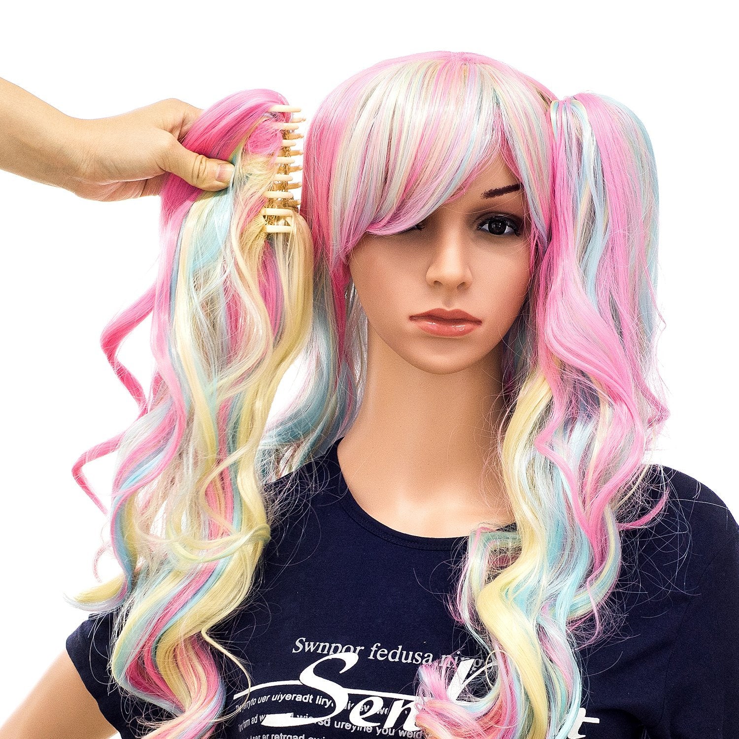 Pastel Rainbow Unicorn Princess | Mermaid Waves | Long Curly Wig with Double Claw Clip on Detachable Ponytails | Tri-Color Pink/Blue/Blonde