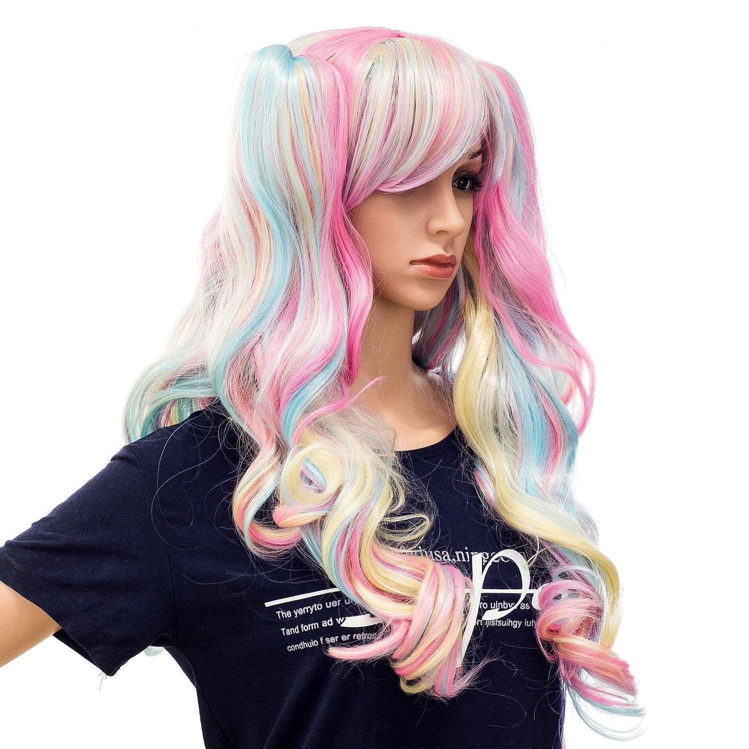 Pastel Rainbow Unicorn Princess | Mermaid Waves | Long Curly Wig with Double Claw Clip on Detachable Ponytails | Tri-Color Pink/Blue/Blonde
