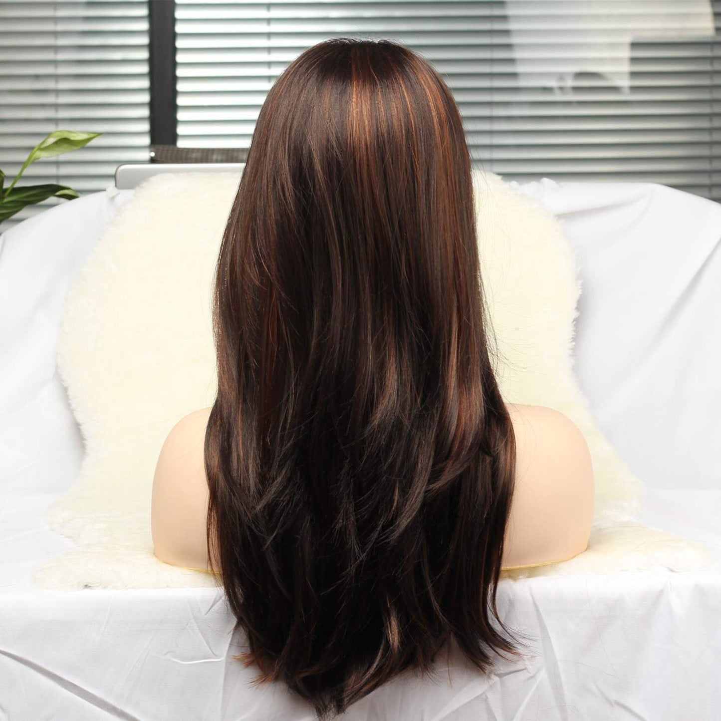 Mixed brown layered highlighted shoulder length wig with bangs natural human hair look and feel best selling