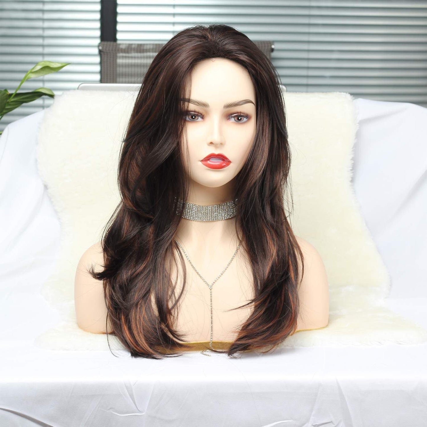 Mixed brown layered highlighted shoulder length wig with bangs natural human hair look and feel best selling