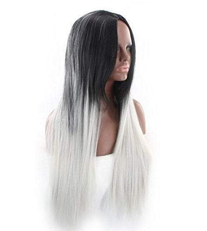 Black to white ombre wig straight 26" synthetic heat resistant ready to wear