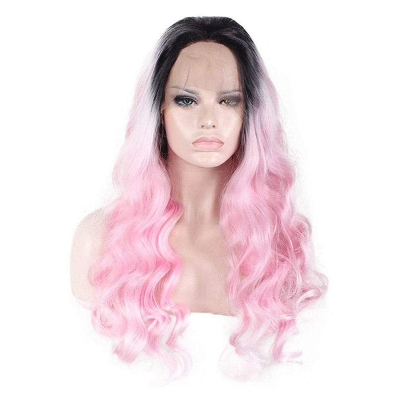 Trendy wig | dusty pink | lace front | hand dyed | black pink ombre | synthetic 26" wig |
