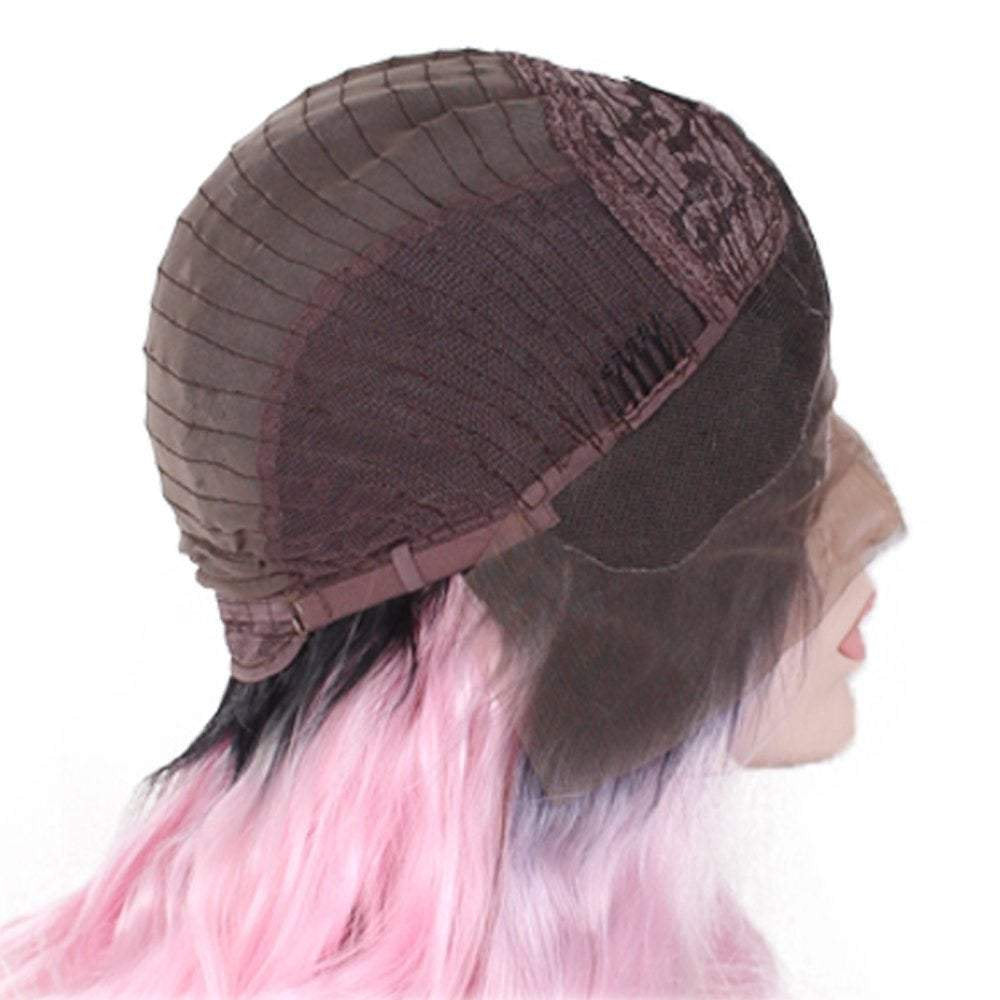 Trendy wig | dusty pink | lace front | hand dyed | black pink ombre | synthetic 26" wig |