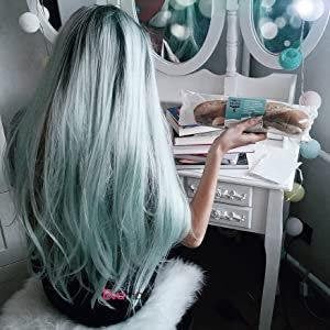 Chocolate chip mint green middle part ombre wig 26" | trendy wig | synthetic top quality heat resistant fiber | human hair look and feel