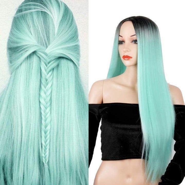 Chocolate chip mint green middle part ombre wig 26" | trendy wig | synthetic top quality heat resistant fiber | human hair look and feel