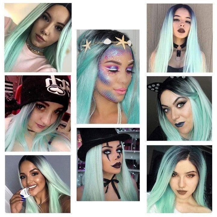 Chocolate chip mint green middle part ombre wig 26" | trendy wig | synthetic top quality heat resistant fiber | human hair look and feel