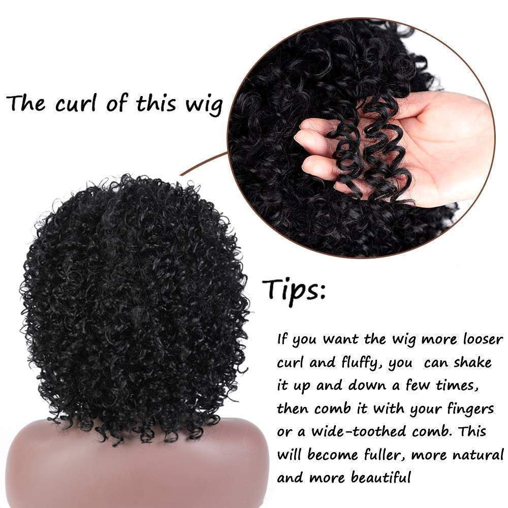 Natural black short kinky synthetic afro heat resistant full curly wig with bangs