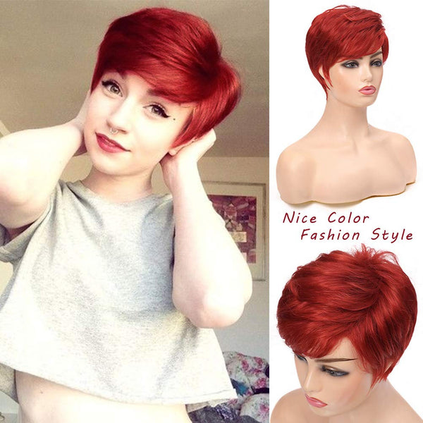 HOT RED 6" Pixie Short Side Bang Straight Wig