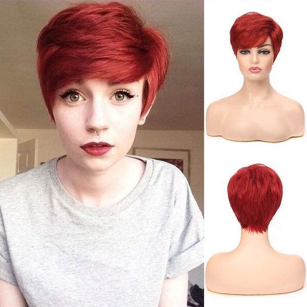 HOT RED 6" Pixie Short Side Bang Straight Wig