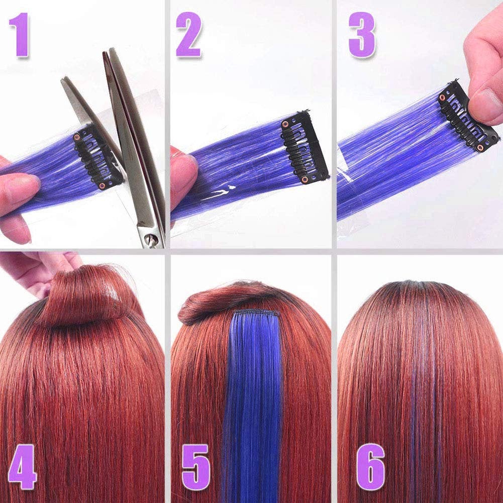 Colored Clip in Hair Extensions 22'' Straight Hair Extensions Clip in Mixed Colors Party Highlights Hairpieces Sapphire Blue + Teal Blue