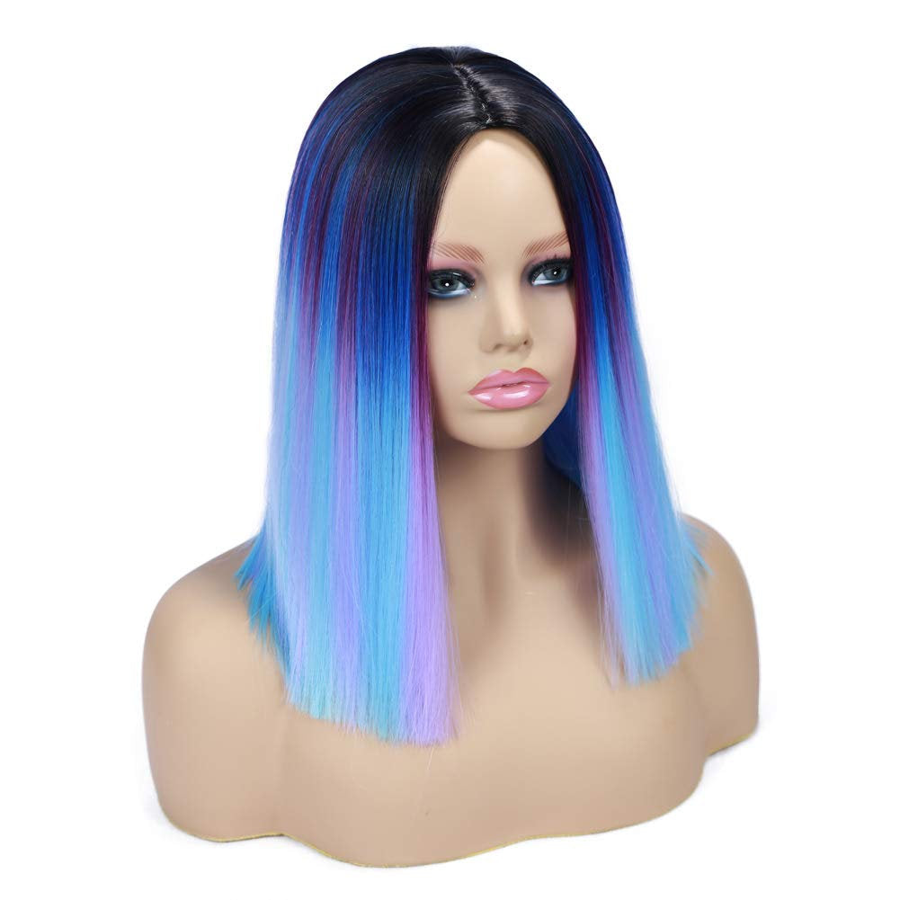 Ombre Black to Mixed Rainbow Colors of Blue Purple Pink Mint Green | Synthetic Top Quality Heat Resistant Fiber | Human Hair Look and Feel