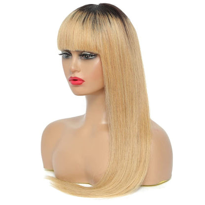 Ombre Black to Honey Blonde | Straight Human Hair Wig with Bangs | Brazilian Virgin Hair | 150% Density | Glueless Lace Front Wig | 16-28"