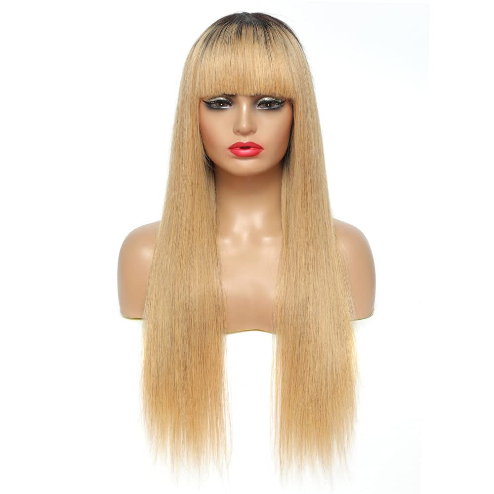 Ombre Black to Honey Blonde | Straight Human Hair Wig with Bangs | Brazilian Virgin Hair | 150% Density | Glueless Lace Front Wig | 16-28"