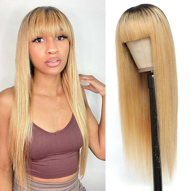 Ombre Black to Honey Blonde | Straight Human Hair Wig with Bangs | Brazilian Virgin Hair | 150% Density | Glueless Lace Front Wig | 16-28"