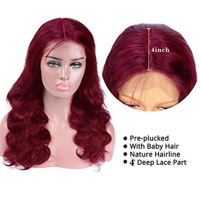 Burgundy 99j | 4x4 Body Wave Lace Closure | Brazilian Human Hair | Pre Plucked with Baby Hair and Bleached Knots | 180% Density | Glueless