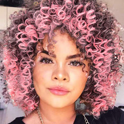 Pink and Black Ombre Synthetic Short Curly Wig Full Kinky Curly Afro Hair Wig with Bangs (Free 1pc Professional Wig Comb and 4pcs Wig Caps)
