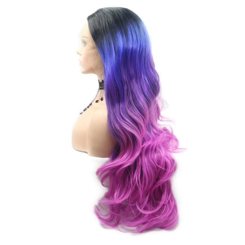 Colorful Tri Color | Black Blue Pink Mermaid | Lace Front Middle Part Synthetic Wig | Big Wave 24" | Human Hair Feel | Fashion Flawless Wig