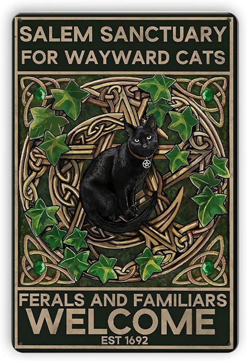 Mystical Black Salem Sanctuary for Wayward Cats | Halloween Retro Sign 12x8 Inch Metal Tin Sign | Vintage Art Poster Plaque Home Wall Decor