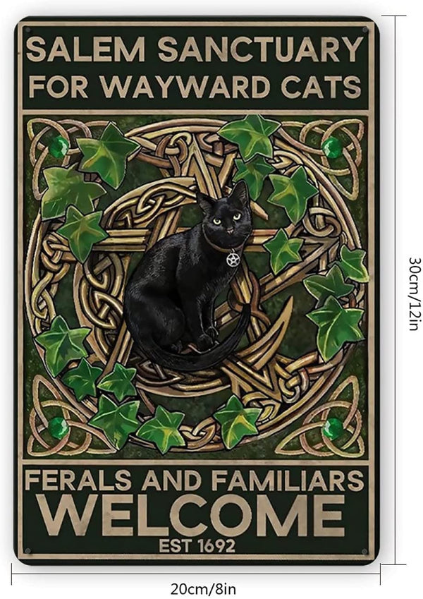 Mystical Black Salem Sanctuary for Wayward Cats | Halloween Retro Sign 12x8 Inch Metal Tin Sign | Vintage Art Poster Plaque Home Wall Decor