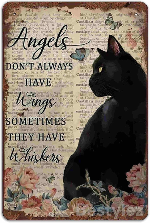 Black Cat Not All Angels Have Wings Some Have Whiskers Wall Decor 12"x8" Inch Metal Tin Sign | Vintage Art Poster Plaque Home Wall Decor