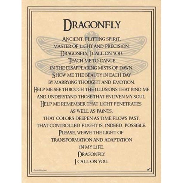 Dragonfly Spirit Animal Prayer Parchment Paper Poster Perfect Size For Framing and Gift Giving 8 1/2 x 11" Parchment Posters Altar Supplies